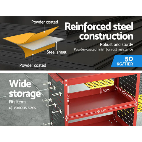 Giantz 3-Tier Tool Cart Storage Trolley Workshop Garage Pegboard Hooks Red Chez Guru