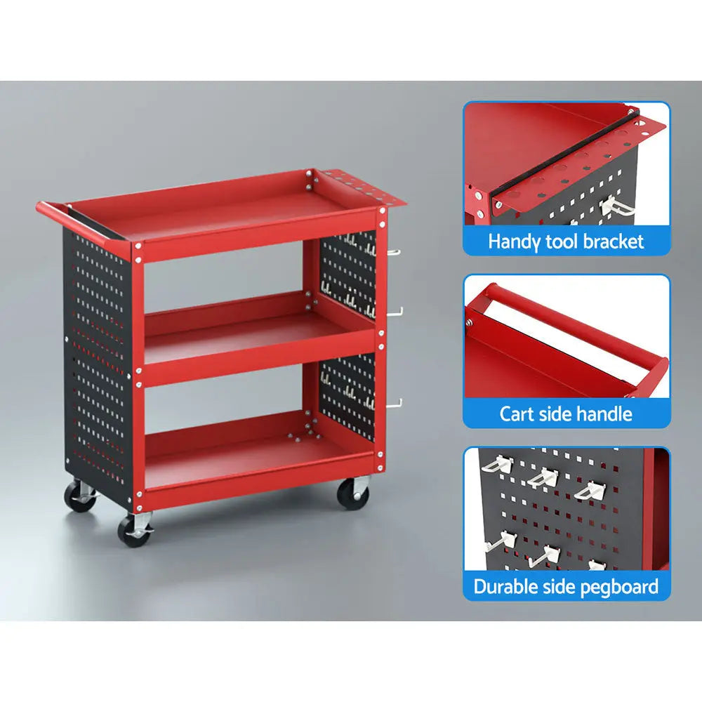 Giantz 3-Tier Tool Cart Storage Trolley Workshop Garage Pegboard Hooks Red Chez Guru