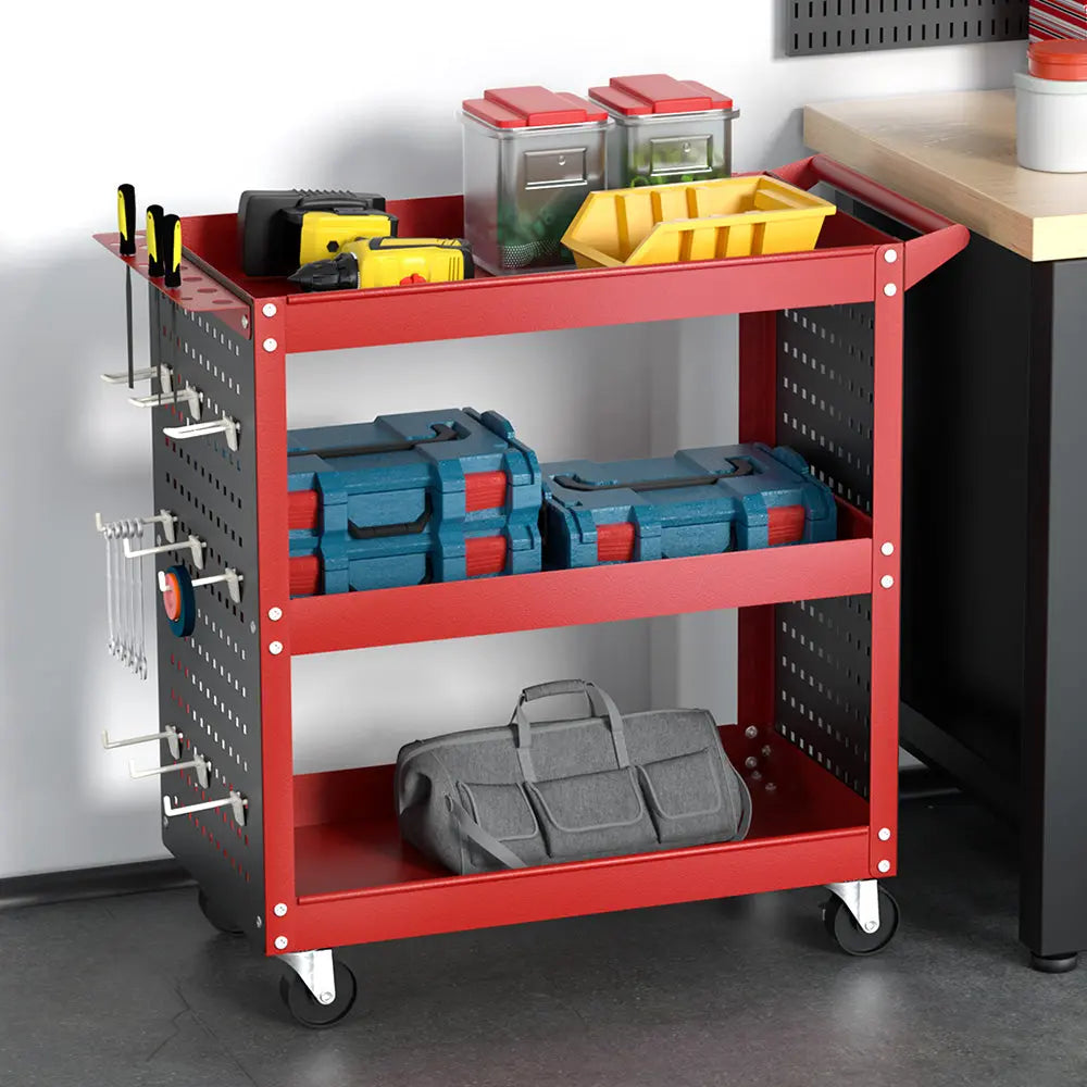 Giantz 3-Tier Tool Cart Storage Trolley Workshop Garage Pegboard Hooks Red Chez Guru