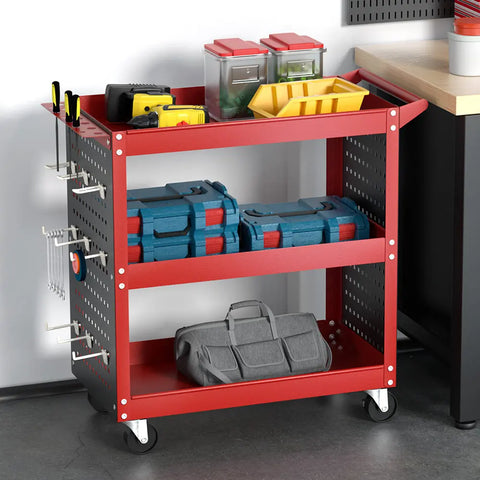 Giantz 3-Tier Tool Cart Storage Trolley Workshop Garage Pegboard Hooks Red Chez Guru