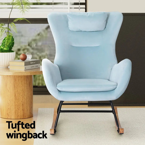 Artiss Rocking Chair Armchair Pillow Velvet Blue - Chez Guru
