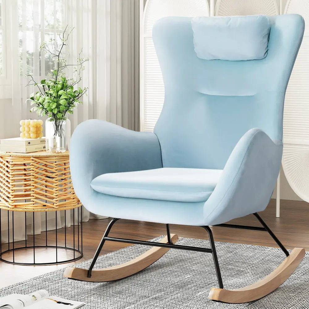 Artiss Rocking Chair Armchair Pillow Velvet Blue - Chez Guru