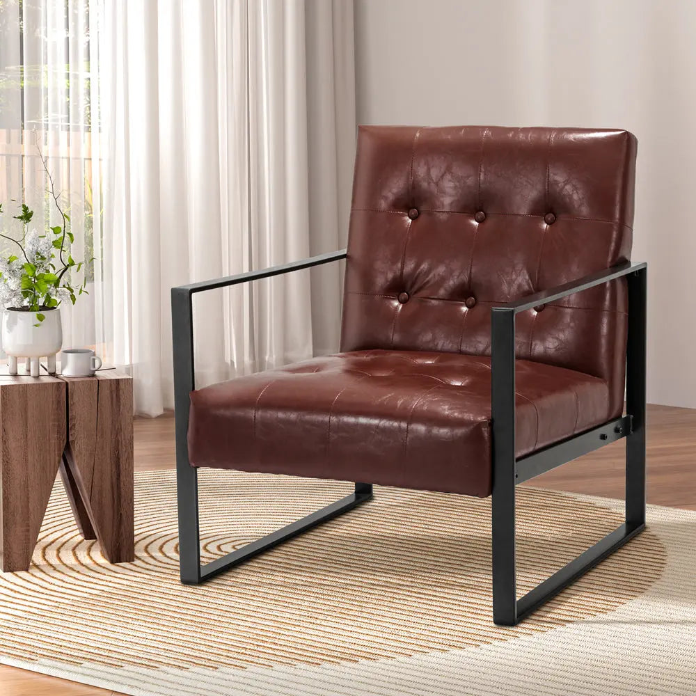 Artiss Armchair Lounge Chair Accent Chairs PU Leather Sofa Brown Metal Frame - Chez Guru