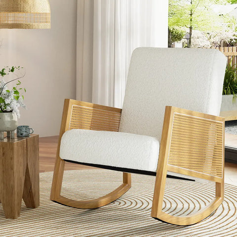 Artiss Armchair Rocking Chair Boucle Rattan White - Chez Guru
