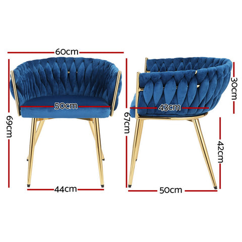 1 Set of 2 Artiss Dining Chairs Velvet Weaving Armchair Blue Chez Guru