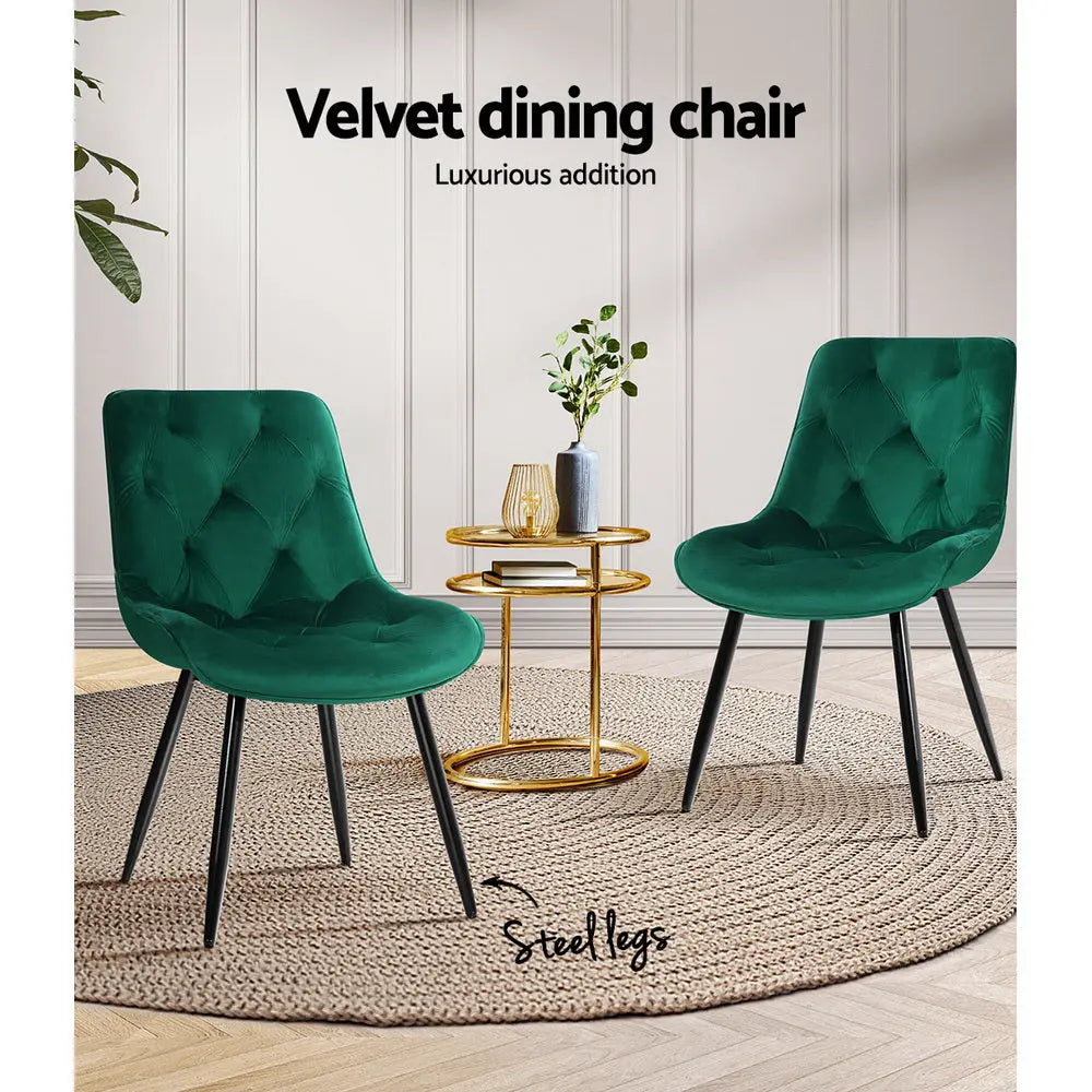 Artiss Dining Chairs Set of 2 Velvet Diamond Tufted Green Chez Guru