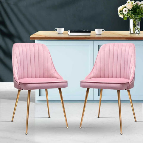 Artiss Dining Chairs Set of 2 Velvet Channel Tufted Pink Chez Guru