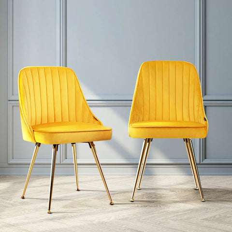 Artiss Dining Chairs Set of 2 Velvet Channel Tufted Yellow Chez Guru