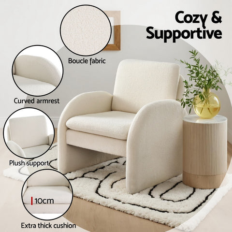 Artiss Armchair Accent Chair Lounge Tub Sofa Couch Curved Arm Seat Boucle White