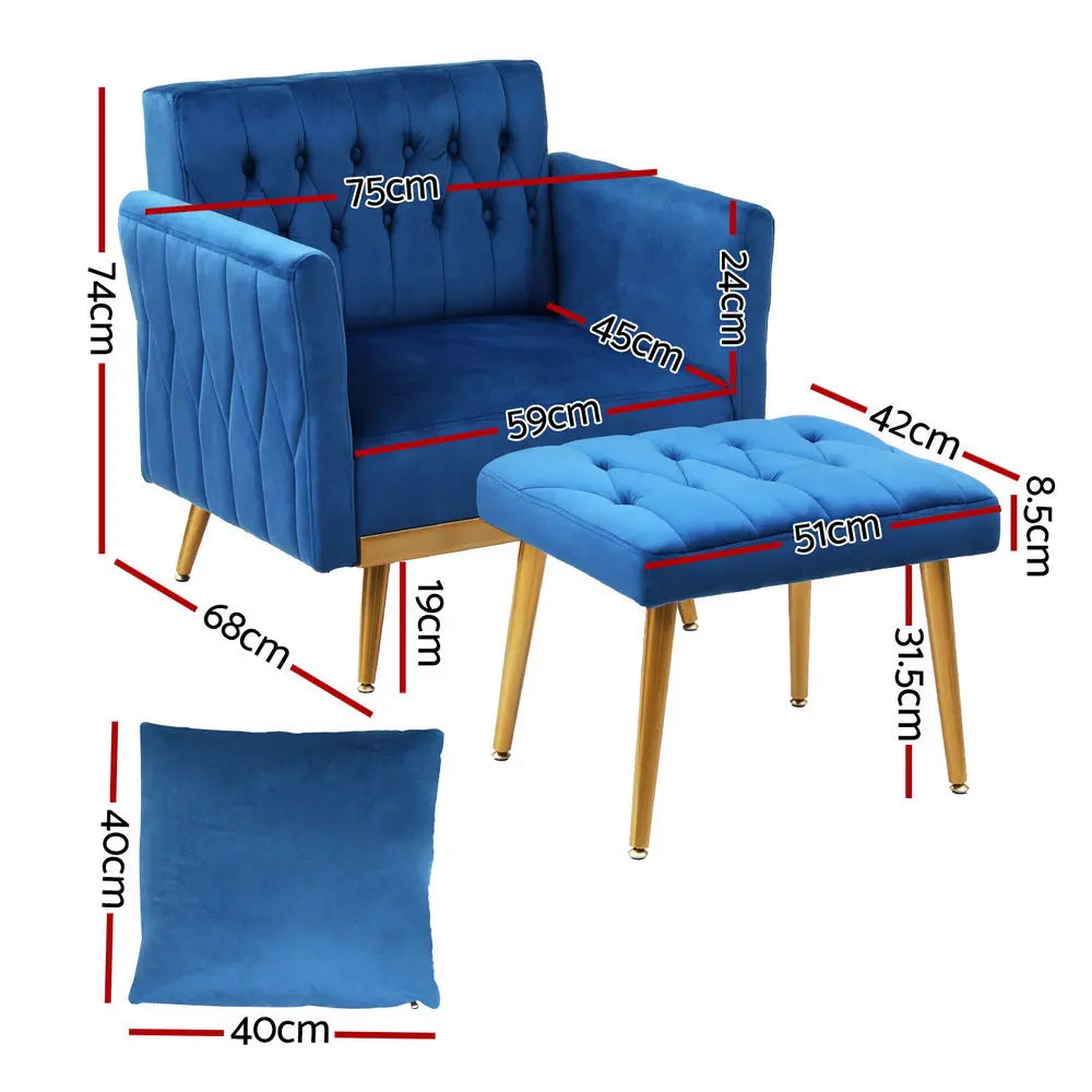 Artiss Armchair Ottoman Accent Chair Pillow Velvet Blue - Chez Guru