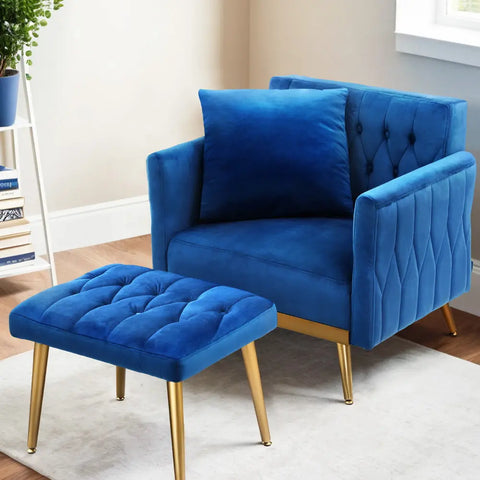 Artiss Armchair Ottoman Accent Chair Pillow Velvet Blue - Chez Guru
