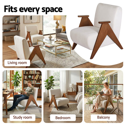 Artiss Armchair Accent Chair Sturdy Upholstered Solid Wood Chenille Fabric White