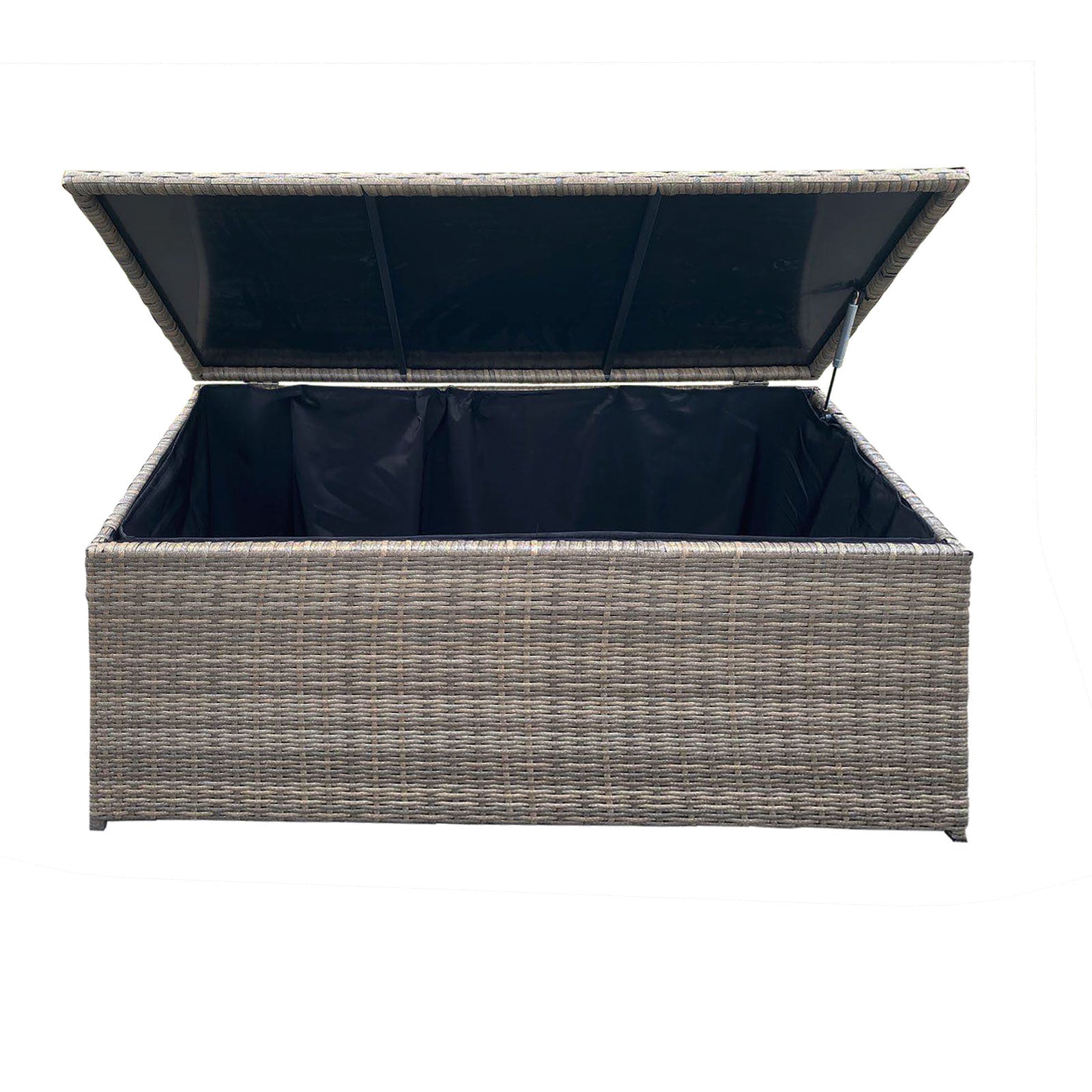 Wicker storage box with a dark blue interior on a white background
