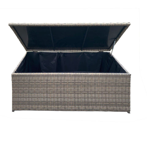Wicker storage box with a dark blue interior on a white background