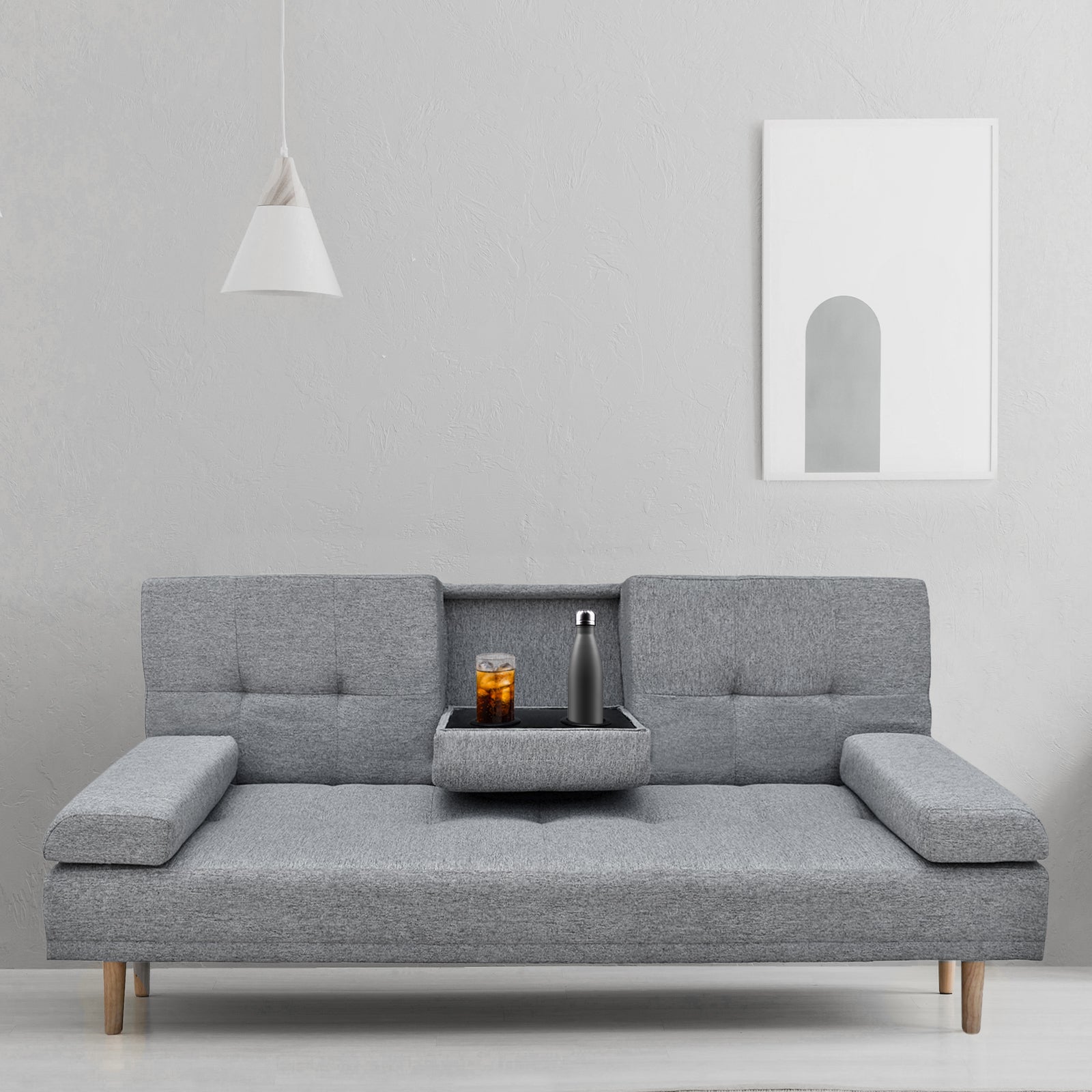 Casa Decor Mendoza 2 in 1 Sofa Bed Couch Grey Pull Down Cupholder 3 Seats Futon Chez Guru