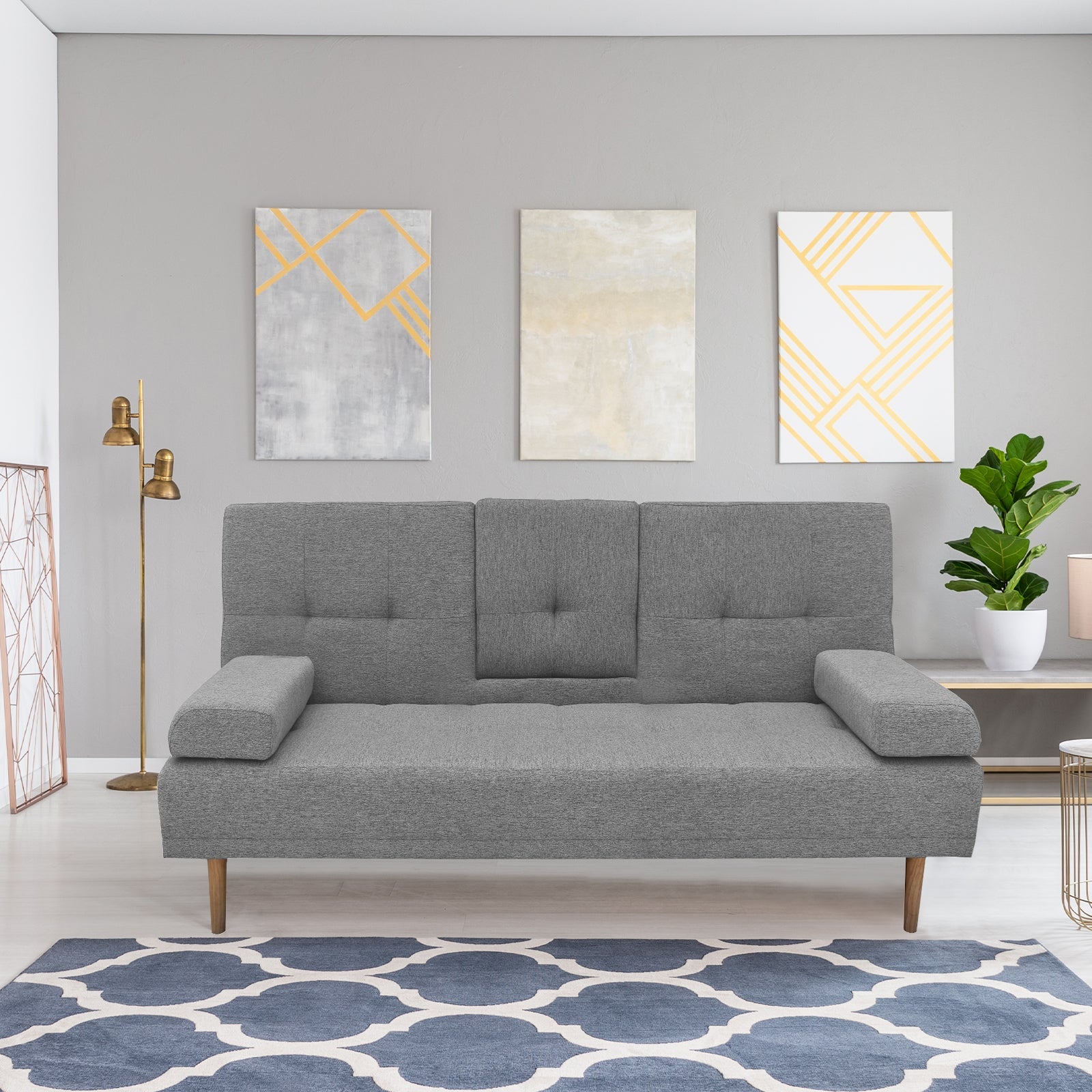 Casa Decor Mendoza 2 in 1 Sofa Bed Couch Grey Pull Down Cupholder 3 Seats Futon Chez Guru