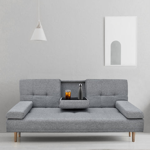 Casa Decor Mendoza 2 in 1 Sofa Bed Couch Grey Pull Down Cupholder 3 Seats Futon Chez Guru