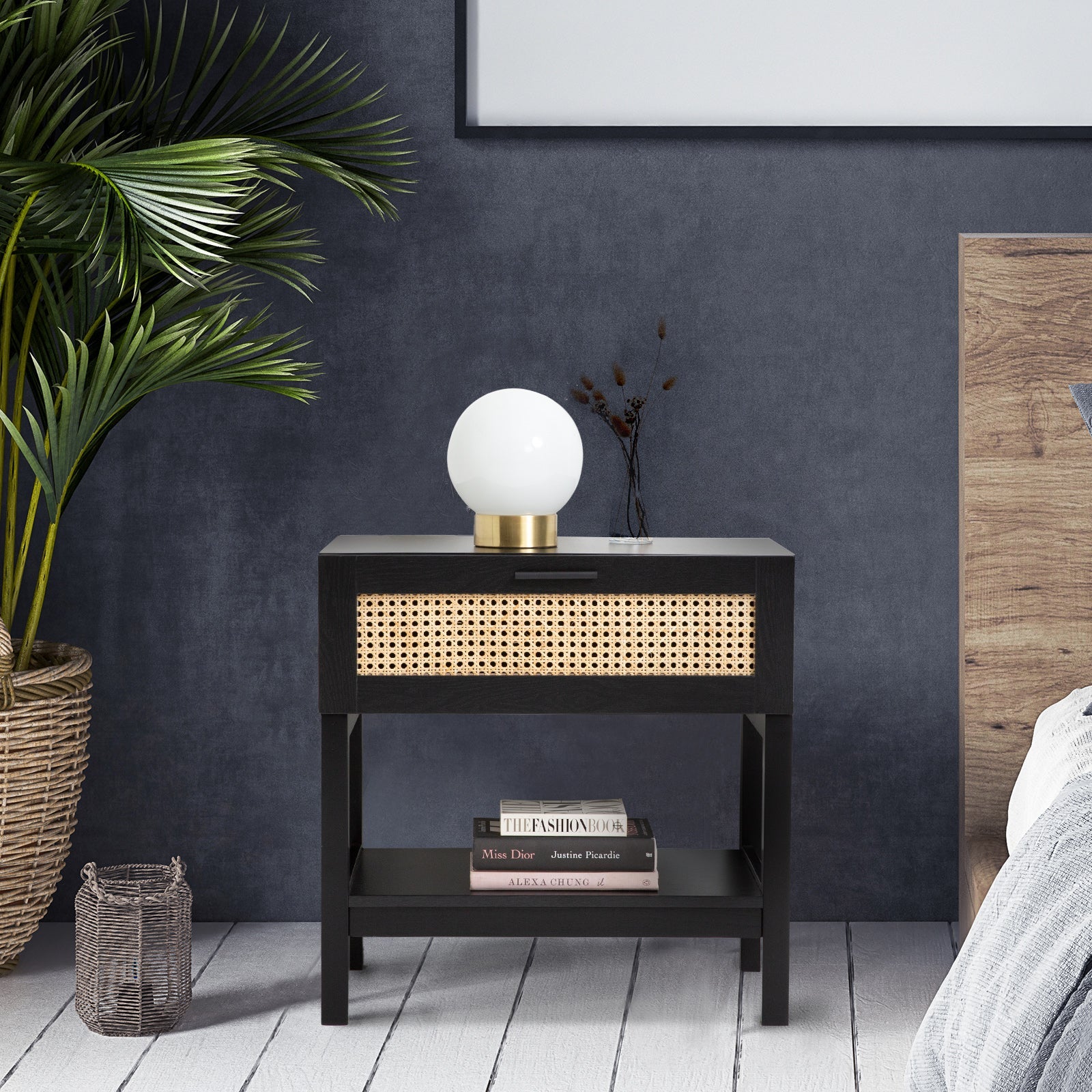 Casa Decor Tulum Rattan Bedside Table Drawers Table Nightstand Cabinet Black Chez Guru