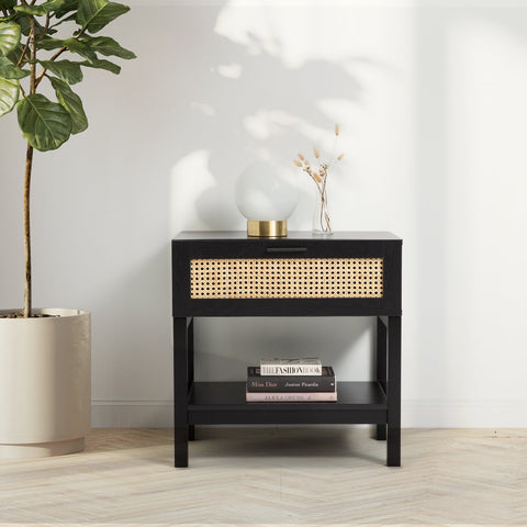 Casa Decor Tulum Rattan Bedside Table Drawers Table Nightstand Cabinet Black Chez Guru