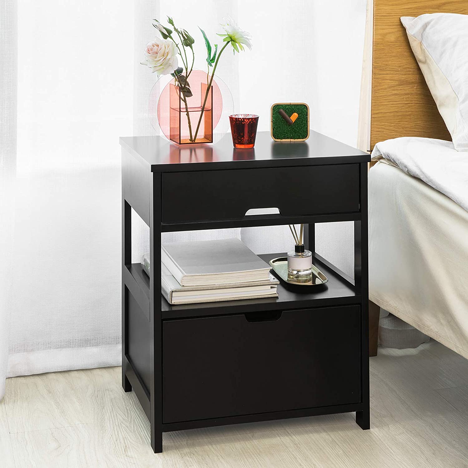 Black Bedside Table with 2 Drawers Chez Guru