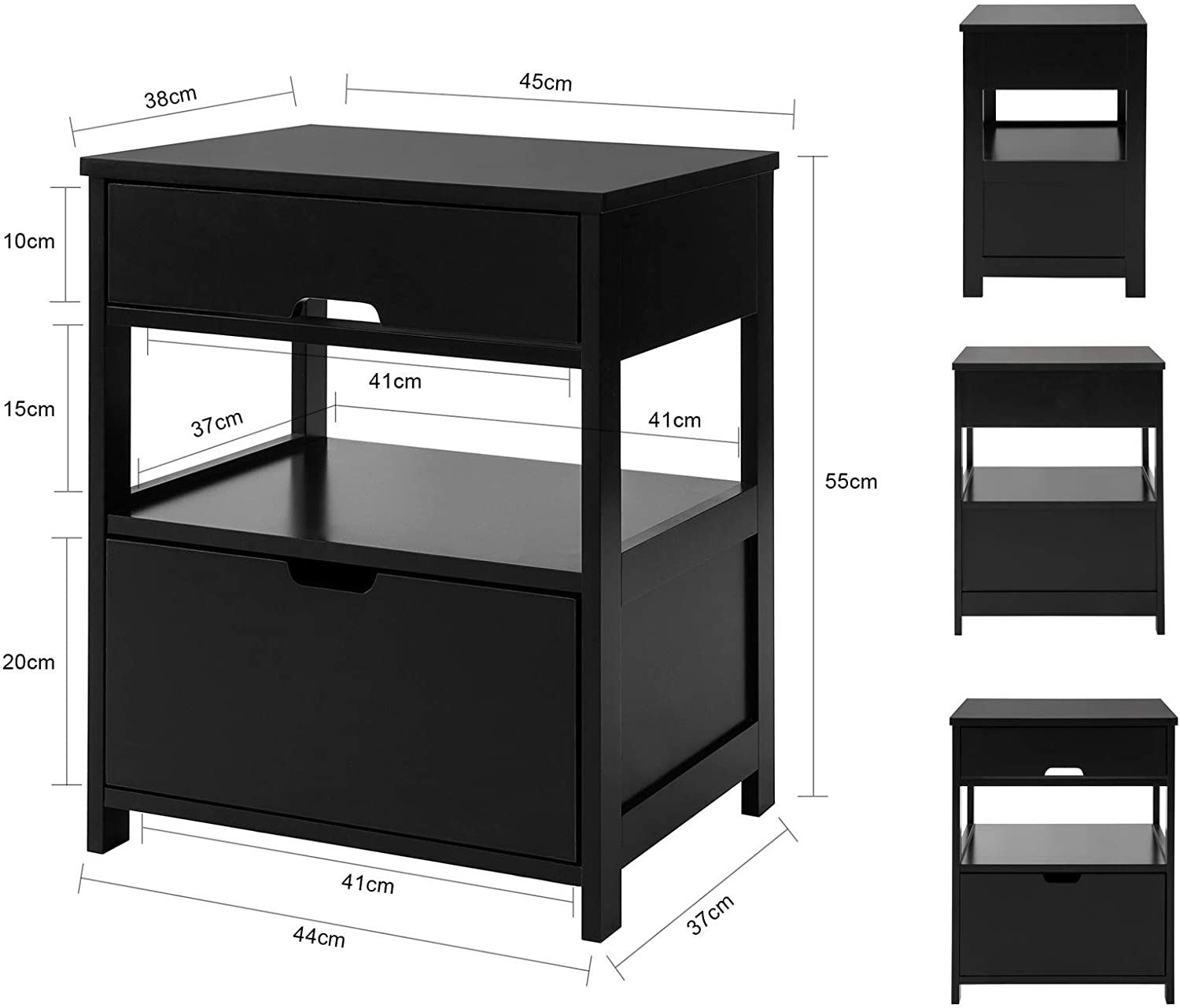 Black Bedside Table with 2 Drawers Chez Guru
