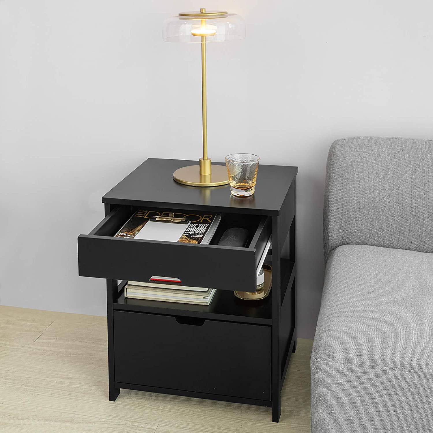 Black Bedside Table with 2 Drawers Chez Guru