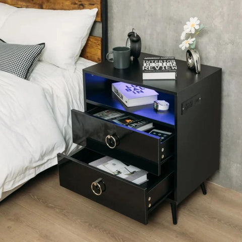 Amelia Modern LED Bedside table with USB and power socket Black Chez Guru