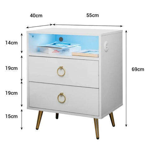Amelia Modern LED Bedside table with USB and power socket White Chez Guru