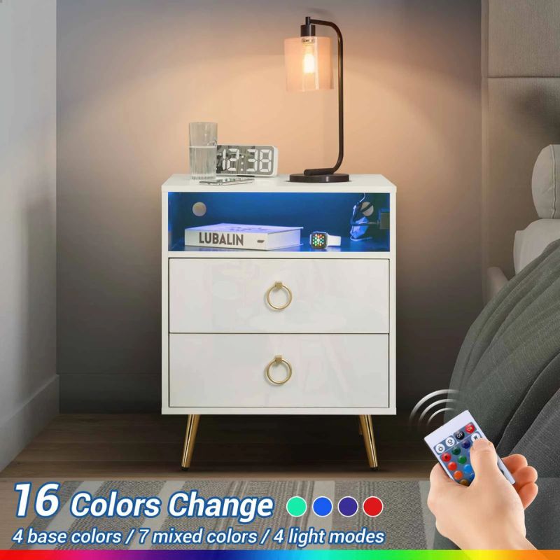 Amelia Modern LED Bedside table with USB and power socket White Chez Guru