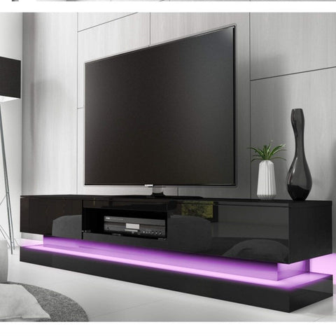 Modern High Gloss LED RGB TV Entertainment Unit with Storage 220cm - Black Chez Guru