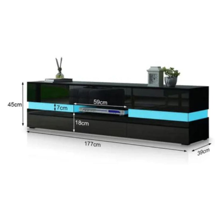 Modern High Gloss Front TV Entertainment Unit 177cm LED Storage Drawer - Black Chez Guru