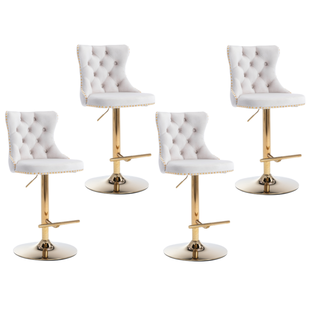 4x Height Adjustable Swivel Bar Stool Velvet Studs Barstool with Footrest and Golden Base- Beige Chez Guru