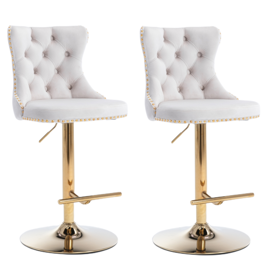 4x Height Adjustable Swivel Bar Stool Velvet Studs Barstool with Footrest and Golden Base- Beige Chez Guru