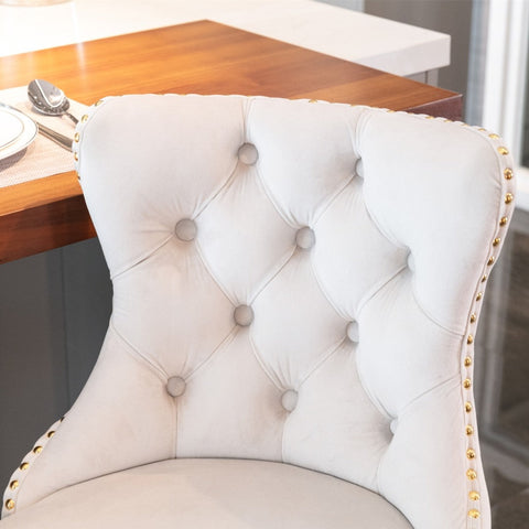 4x Height Adjustable Swivel Bar Stool Velvet Studs Barstool with Footrest and Golden Base- Beige Chez Guru