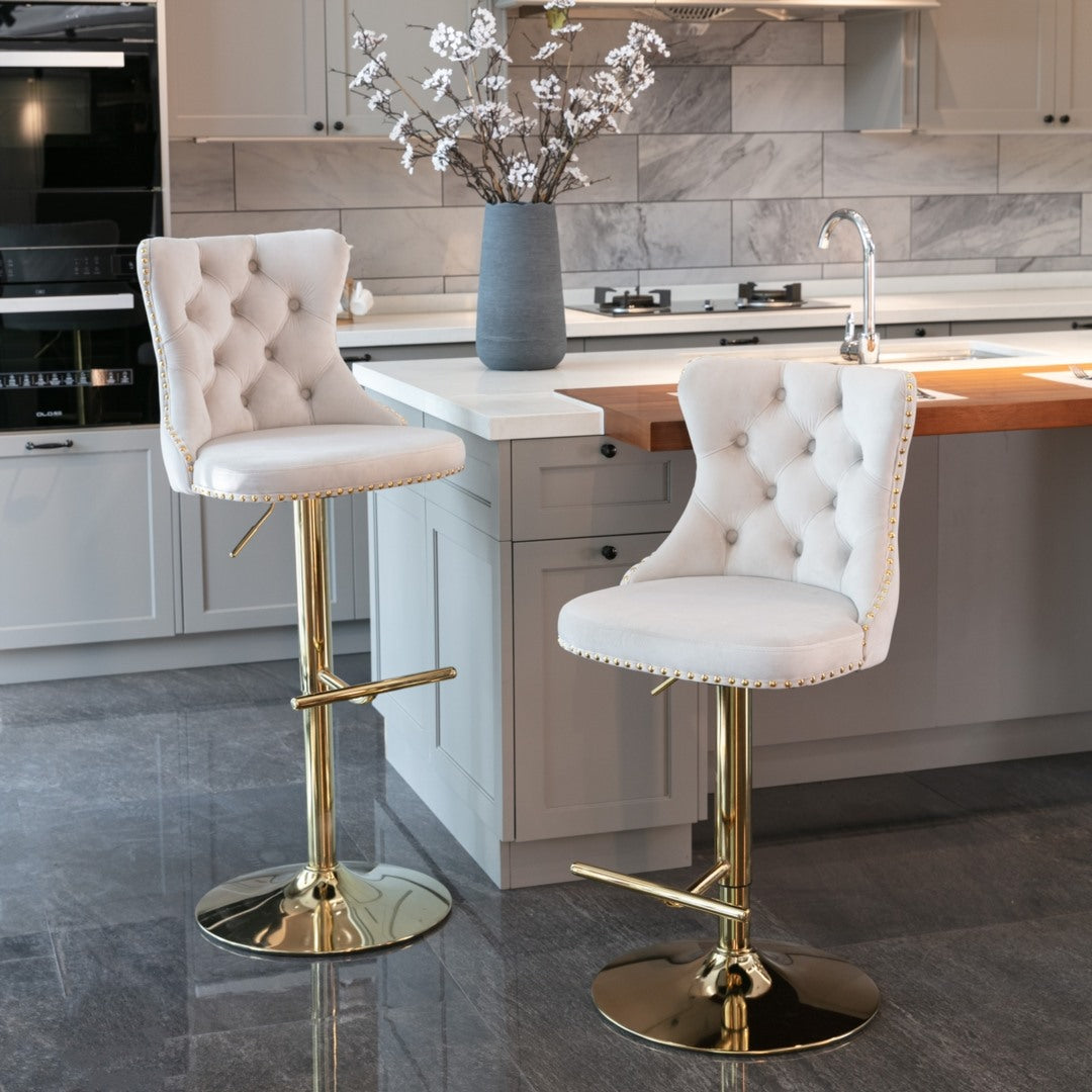 4x Height Adjustable Swivel Bar Stool Velvet Studs Barstool with Footrest and Golden Base- Beige Chez Guru