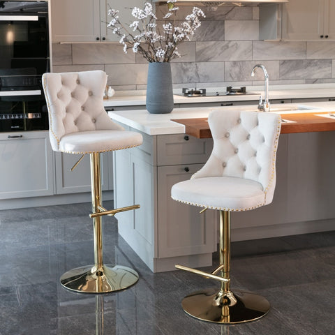 4x Height Adjustable Swivel Bar Stool Velvet Studs Barstool with Footrest and Golden Base- Beige Chez Guru