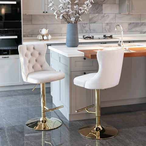 4x Height Adjustable Swivel Bar Stool Velvet Studs Barstool with Footrest and Golden Base- Beige Chez Guru