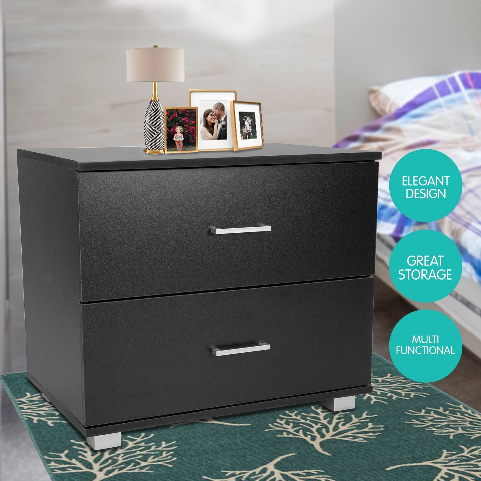 Sarantino Bedside Table Cabinet Storage Chest 2 Drawers Lamp Side Nightstand - Black Chez Guru