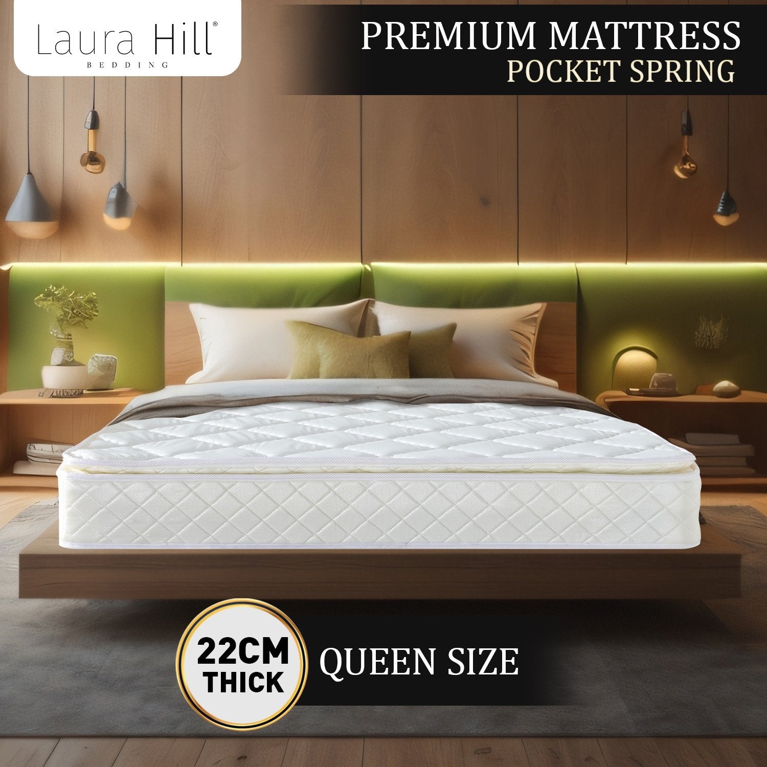 Laura Hill Mattress Queen Size Pillow Top Pocket Spring High Density Foam 22cm Chez Guru