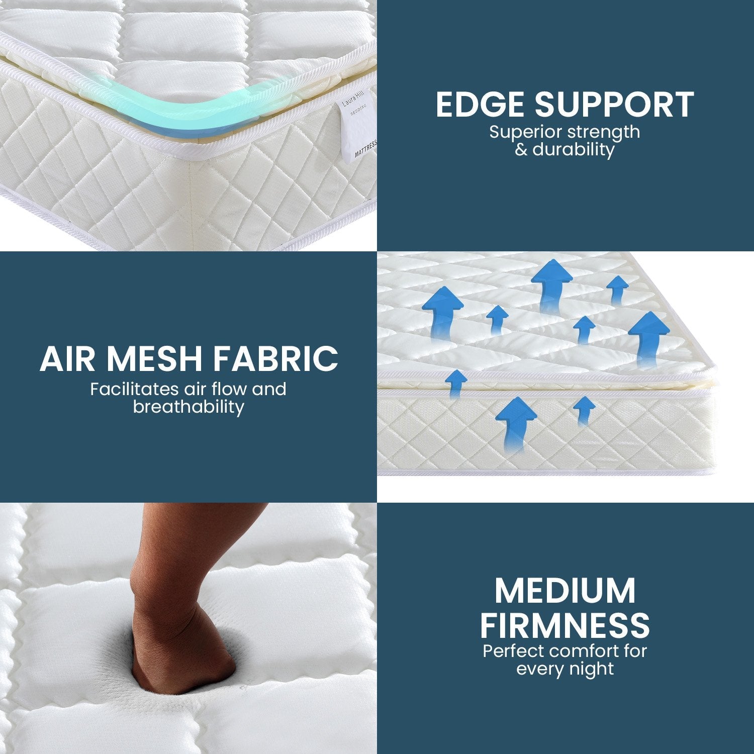 Laura Hill Mattress Queen Size Pillow Top Pocket Spring High Density Foam 22cm Chez Guru