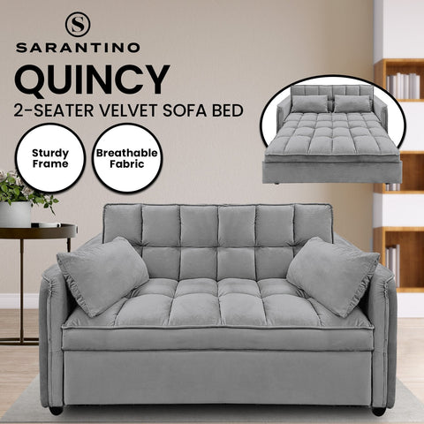 Sarantino Quincy 2-Seater Velvet Sofa Bed in Dark Grey with Wooden Frame and Tufted Design Chez Guru
