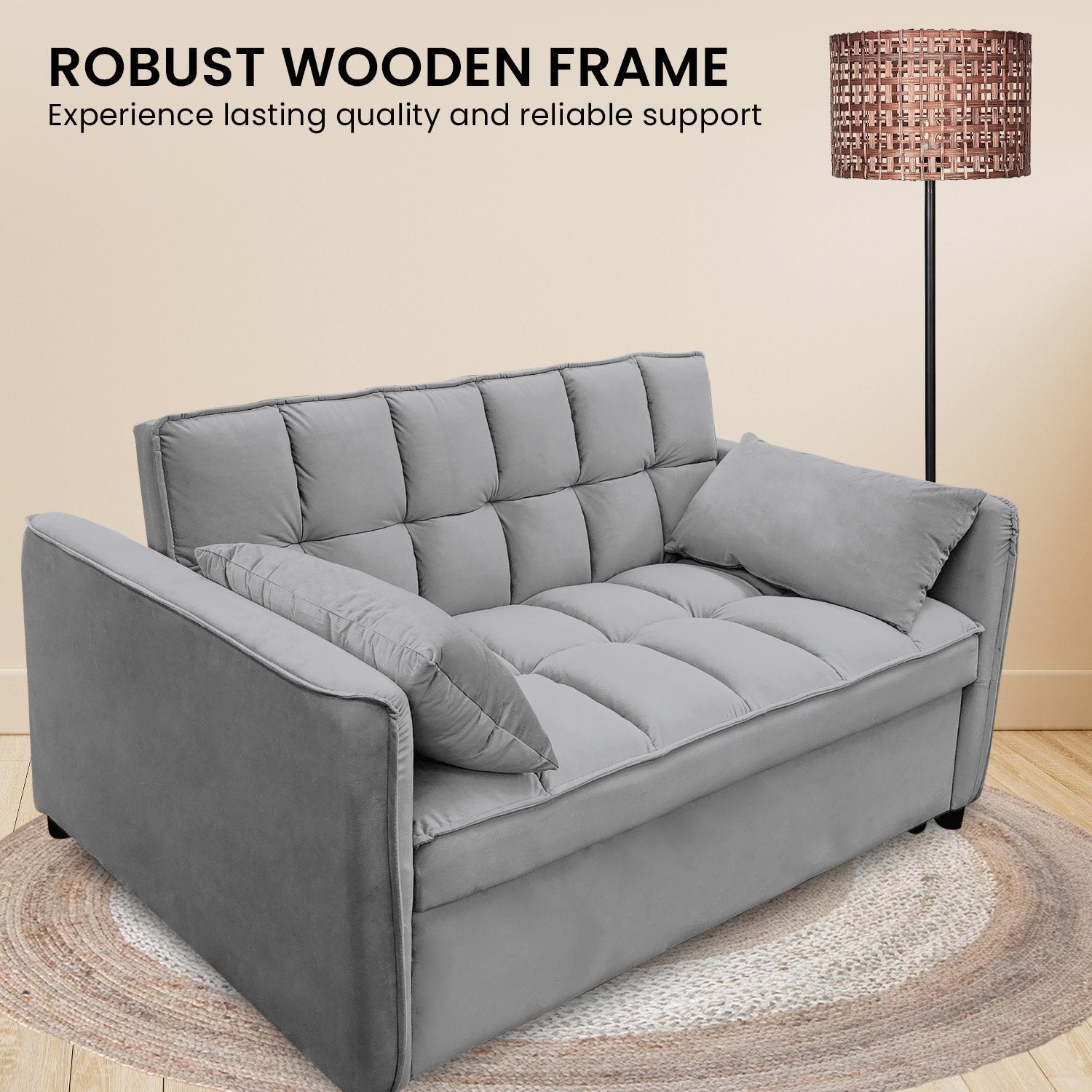 Sarantino Quincy 2-Seater Velvet Sofa Bed in Dark Grey with Wooden Frame and Tufted Design Chez Guru