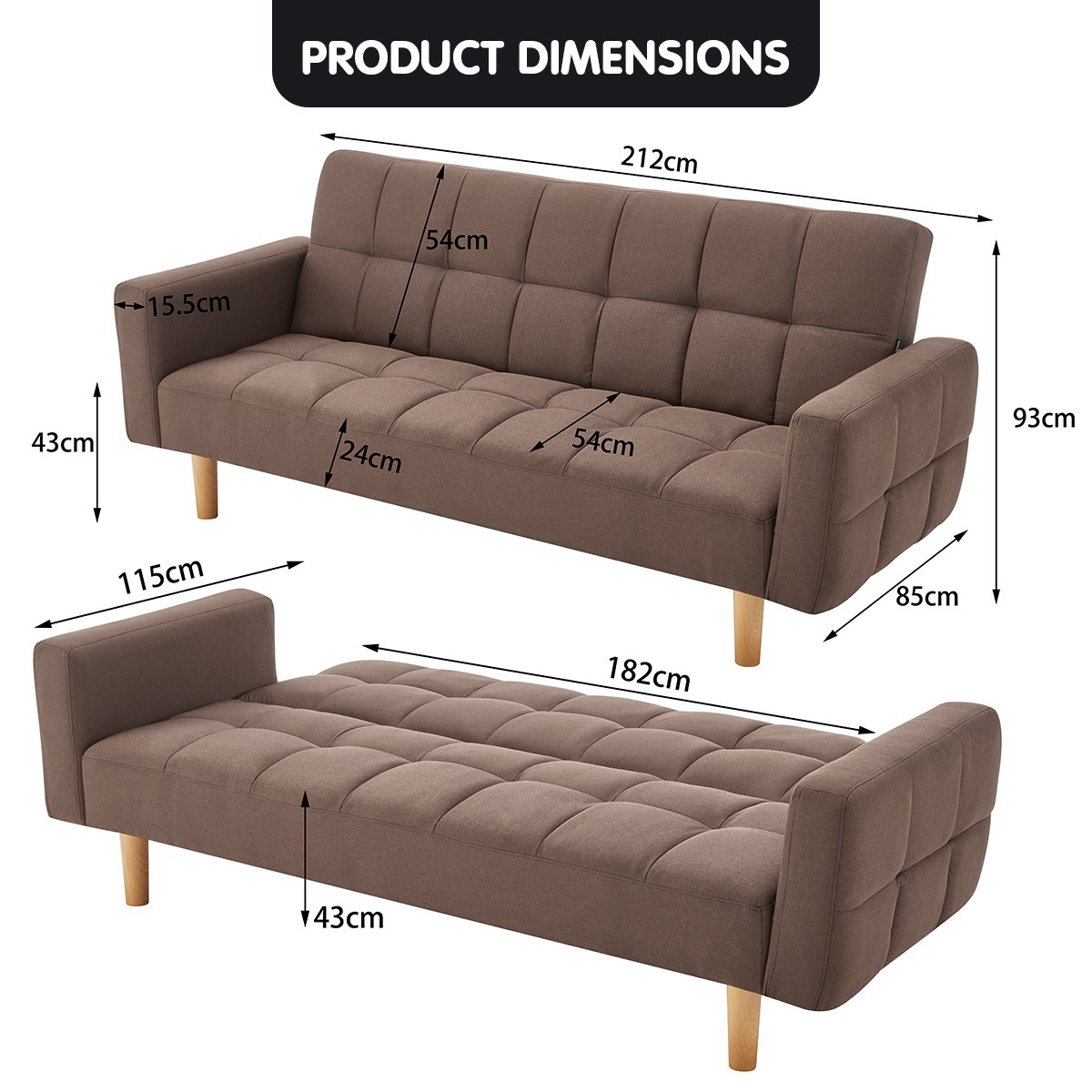 Sarantino 3-Seater Fabric Sofa Bed Futon - Brown Chez Guru