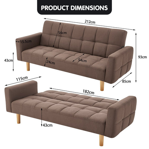 Sarantino 3-Seater Fabric Sofa Bed Futon - Brown Chez Guru