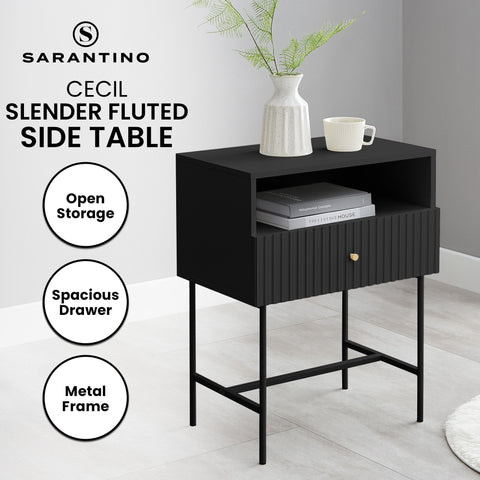 Sarantino Cecil Slender Fluted Bedside Table in Black Chez Guru