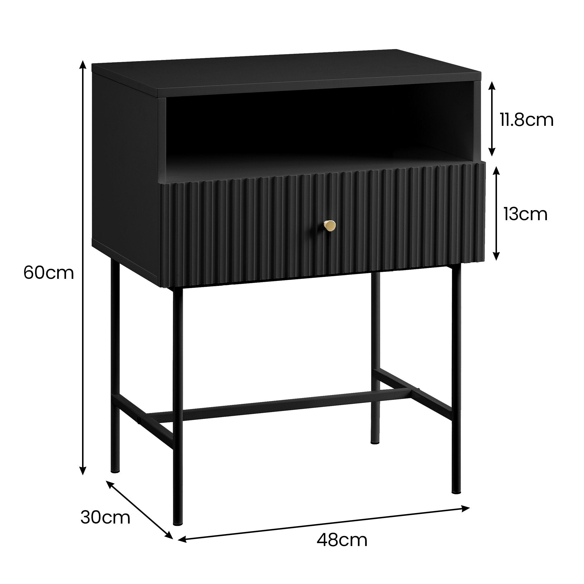 Sarantino Cecil Slender Fluted Bedside Table in Black Chez Guru