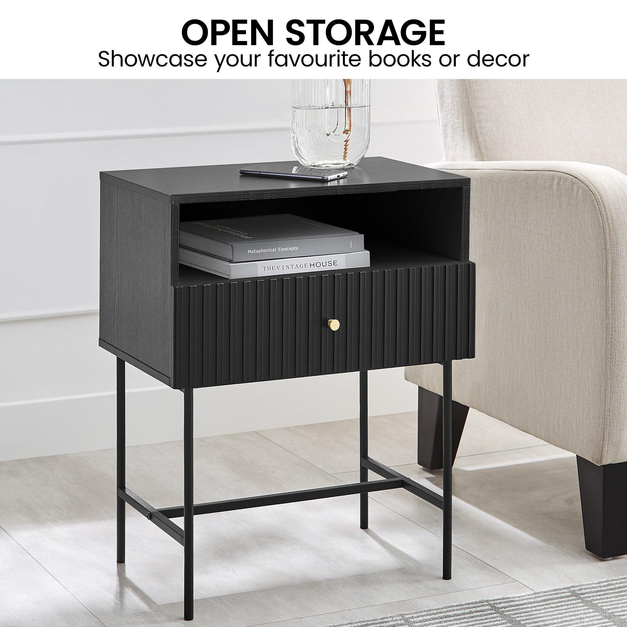 Sarantino Cecil Slender Fluted Bedside Table in Black Chez Guru