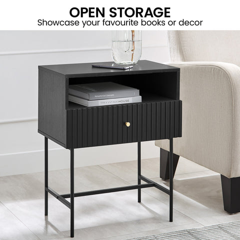 Sarantino Cecil Slender Fluted Bedside Table in Black Chez Guru