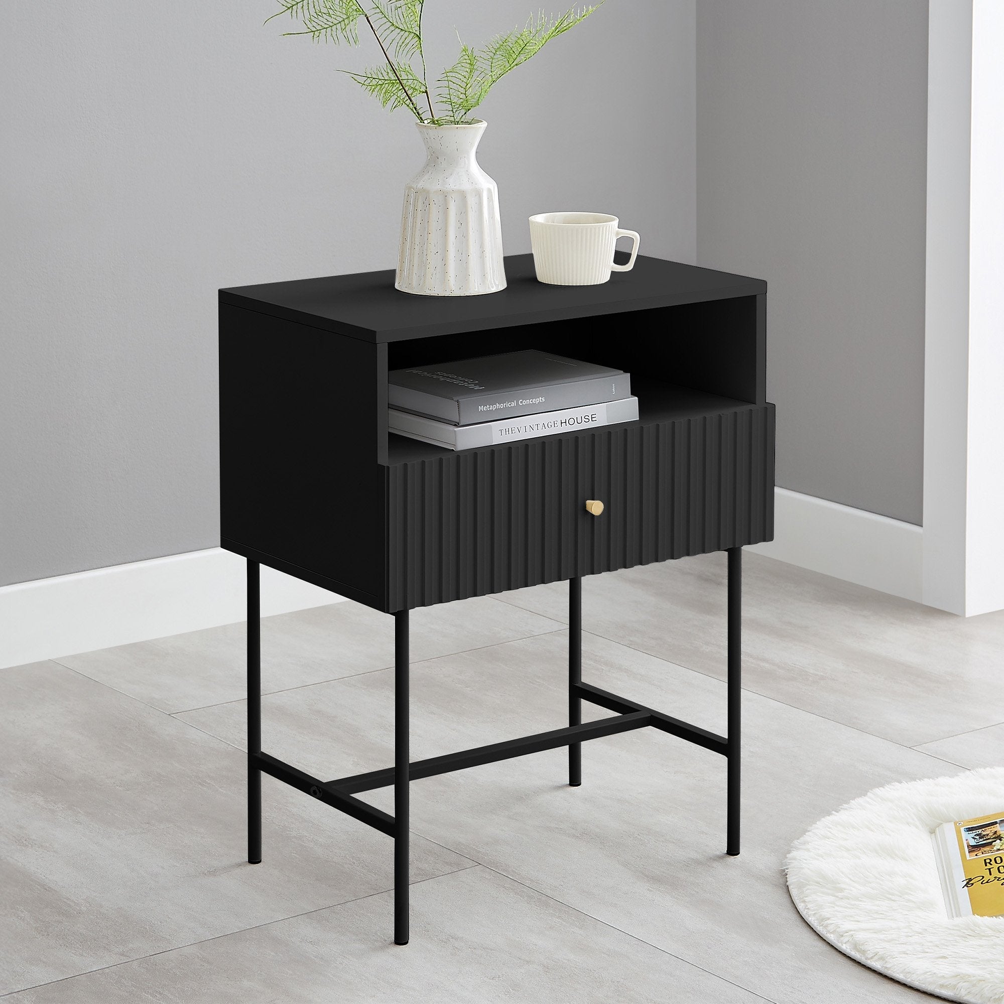 Sarantino Cecil Slender Fluted Bedside Table in Black Chez Guru
