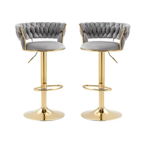 2x Height Adjustable Swivel Bar Stool Velvet Golden Base Barstools Chairs Padded Seat- Grey